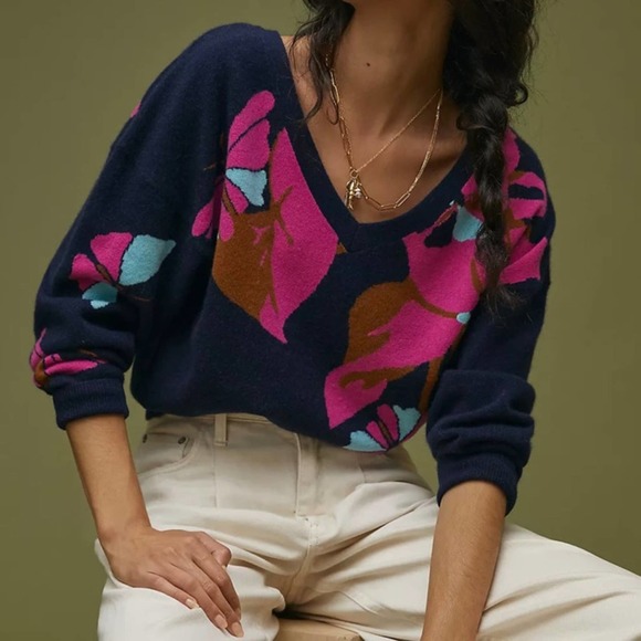 Anthropologie Sweaters - Anthro Maeve 100% Cashmere Sweater Butterfly Pattern V-Neck Navy Fuchsia XL New
